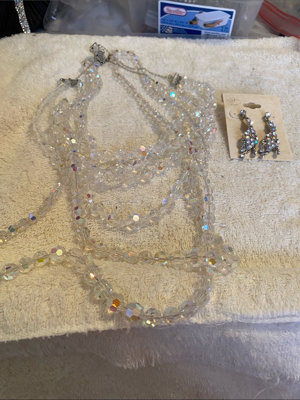 Multi-Strand Iridescent Crystal Necklace with Matching Earrings - White